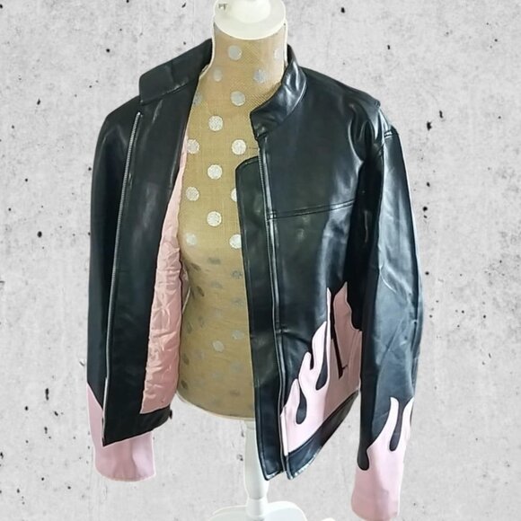 Diamond Plate Womens Leather Style Jacket. Black With Pink Flames. Size 2X - Picture 4 of 5
